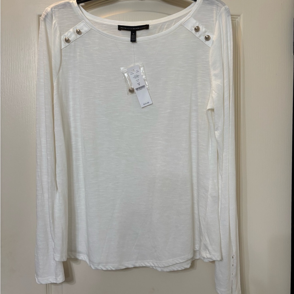 White House Black Market Ecru Long Sleeve Tee with Button Accents